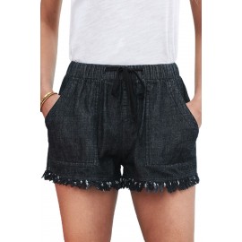 Black Casual Pocketed Frayed Denim Shorts